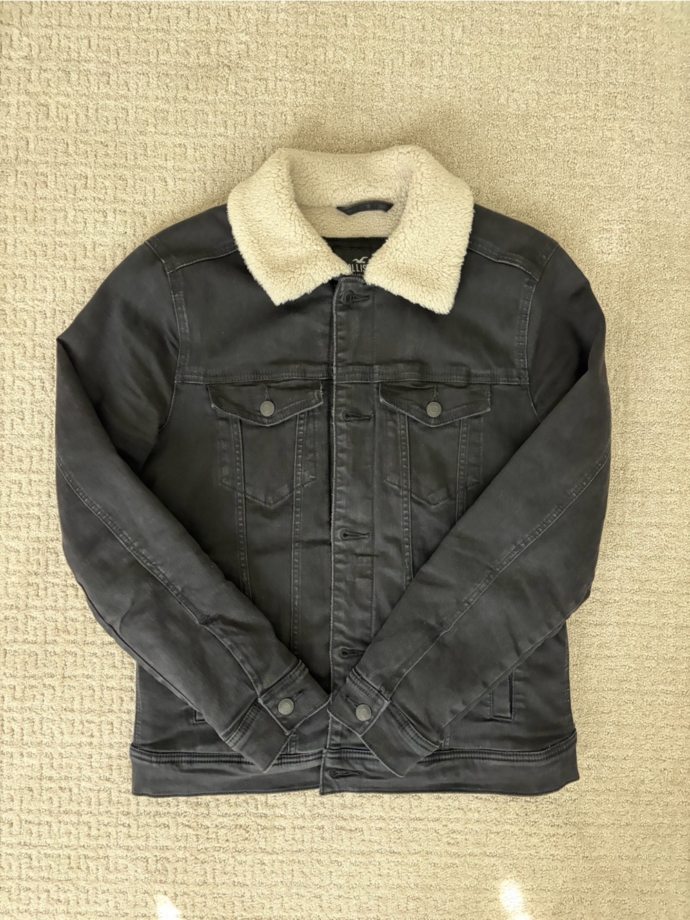 Hollister Black Denim Jacket with Cream Sherpa Collar